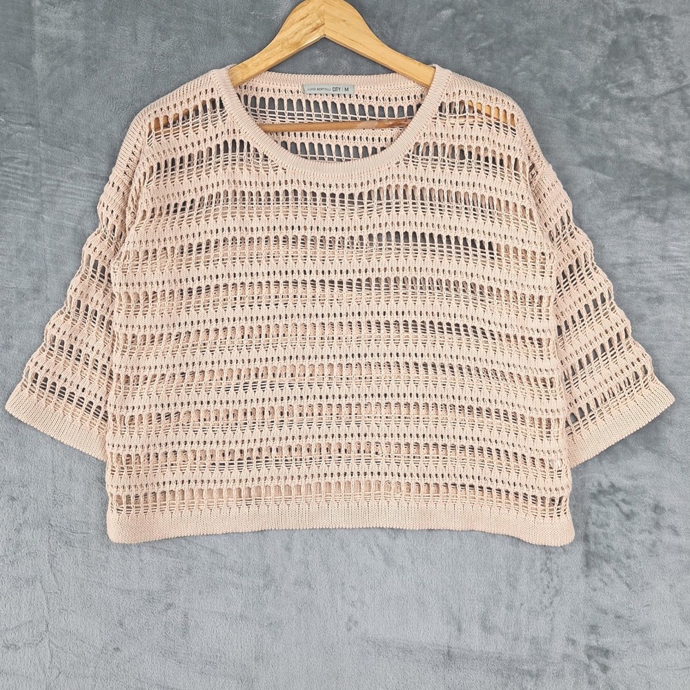 Womens Sweater Medium Crochet Cottage Boho Open Knit Cropped Sheer Flare Sleeve
